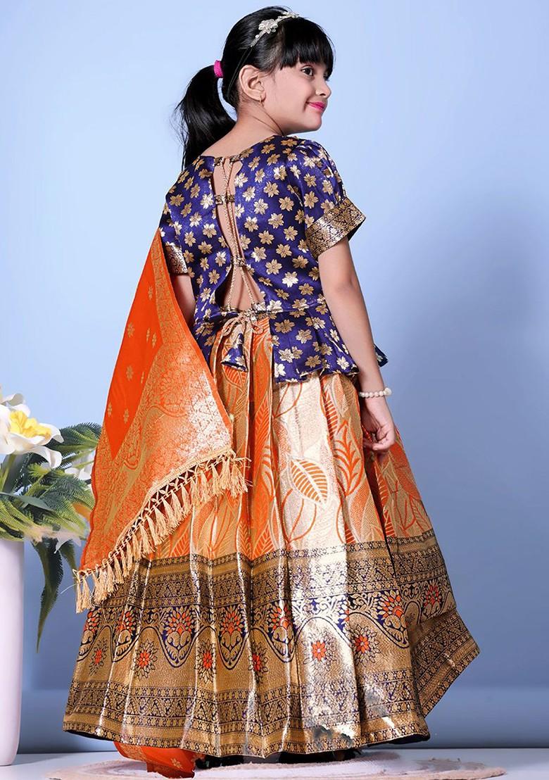 Orange Zari Blended Lehenga Choli For Girls - Indya