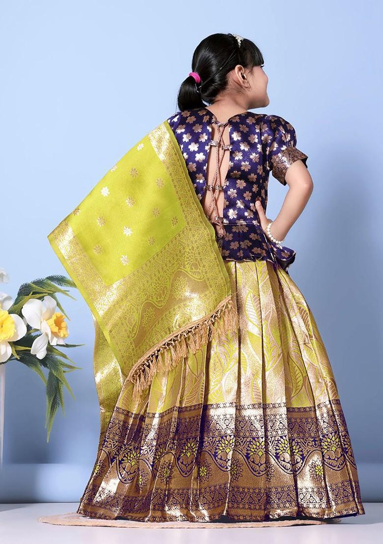 Green Zari Blended Lehenga Choli For Girls - Indya
