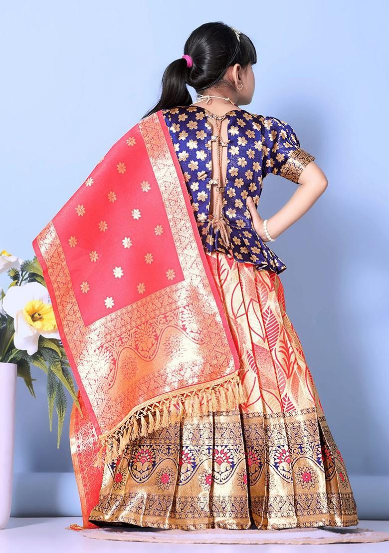 Peach Zari Blended Lehenga Choli For Girls - Indya