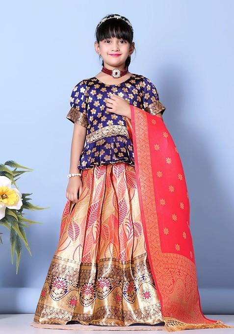Peach Zari Blended Lehenga Choli For Girls — view on Indya