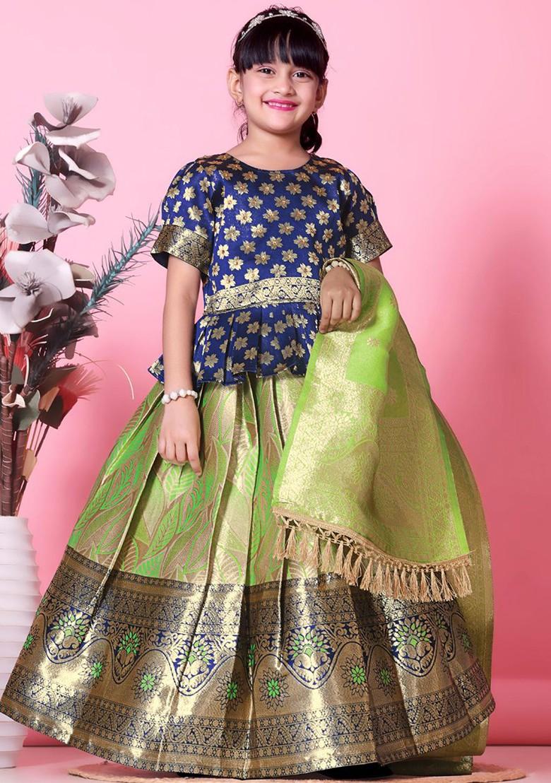 Lime Green Embroidered Blended Lehenga Choli For Girls - Indya