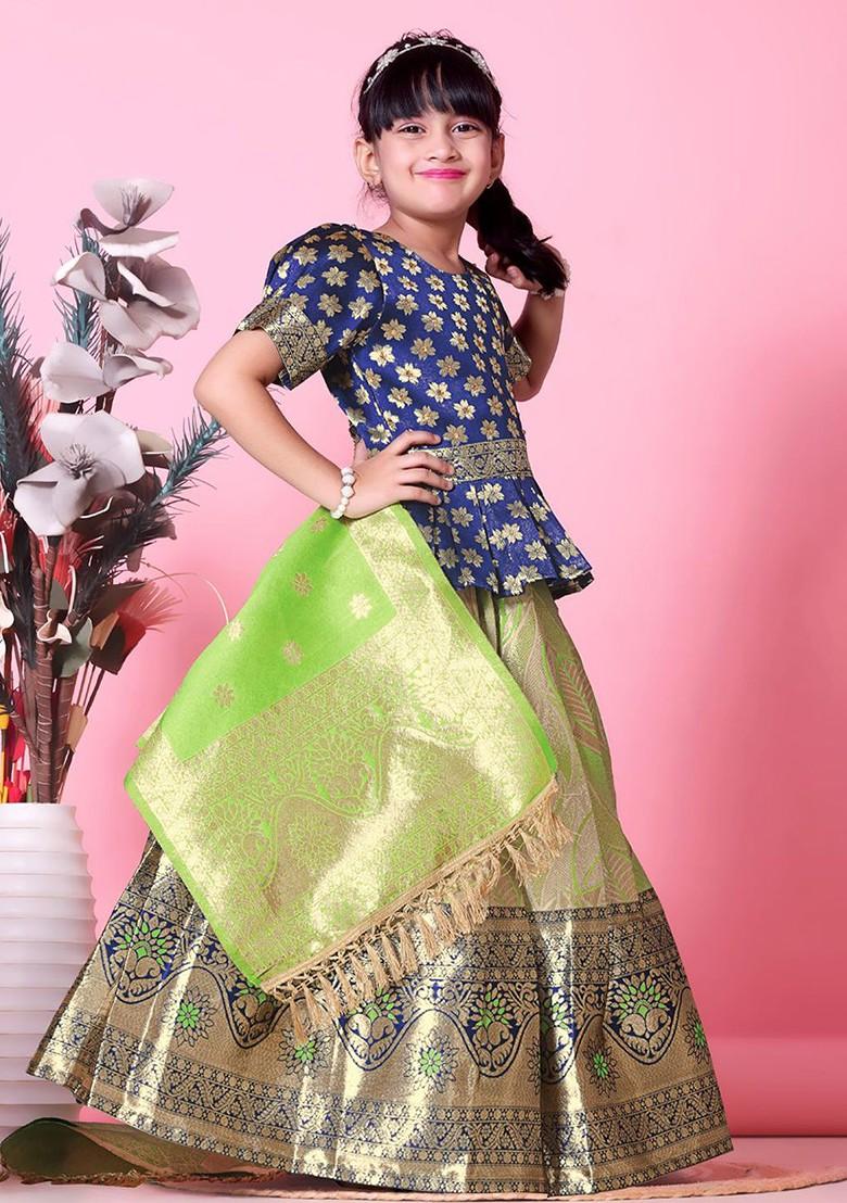 Lime Green Embroidered Blended Lehenga Choli For Girls - Indya