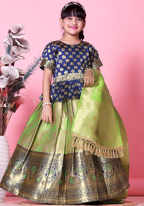 Lime Green Embroidered Blended Lehenga Choli For Girls — view on Indya
