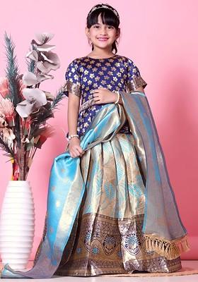 Blue Zari Blended Lehenga Choli For Girls