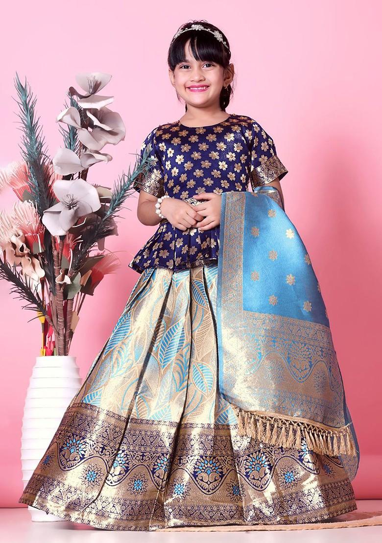 Blue Zari Blended Lehenga Choli For Girls - Indya