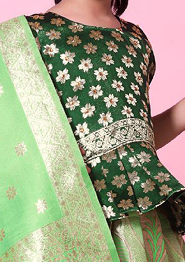 Green Zari Blended Lehenga Choli For Girls - Indya
