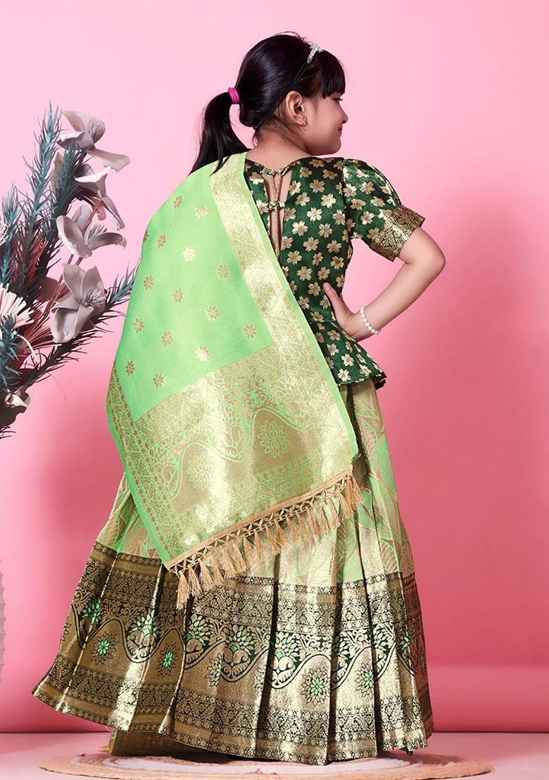 Green Zari Blended Lehenga Choli For Girls - Indya
