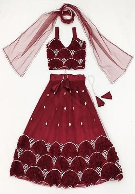 Maroon Embroidered Blended Lehenga Choli For Girls