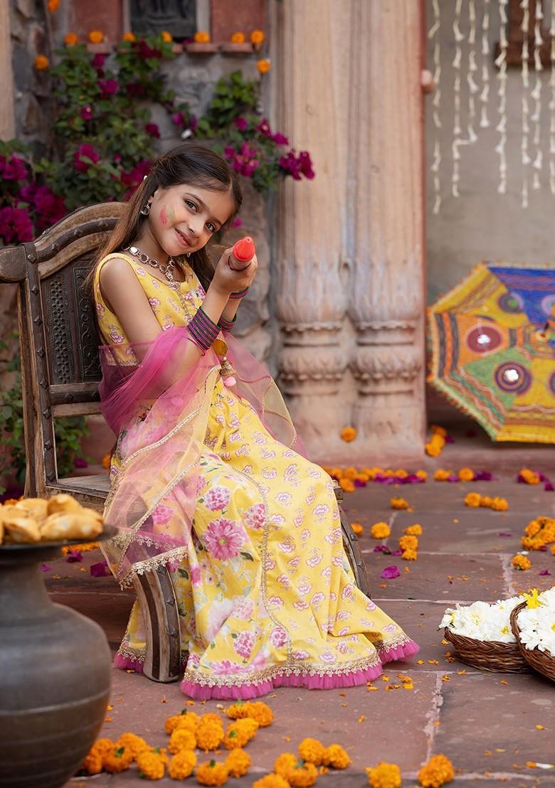 Yellow Printed Blended Lehenga Choli For Girls - Indya