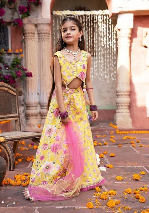 Yellow Printed Blended Lehenga Choli For Girls — view on Indya