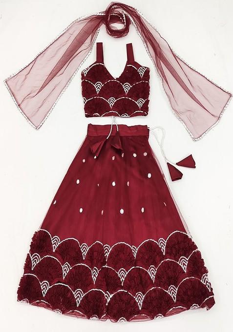 Maroon Embroidered Blended Lehenga Choli For Girls — view on Indya
