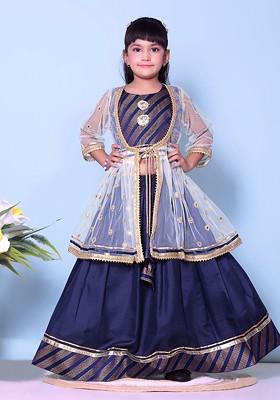Navy Blue Embroidered Blended Lehenga Choli For Girls