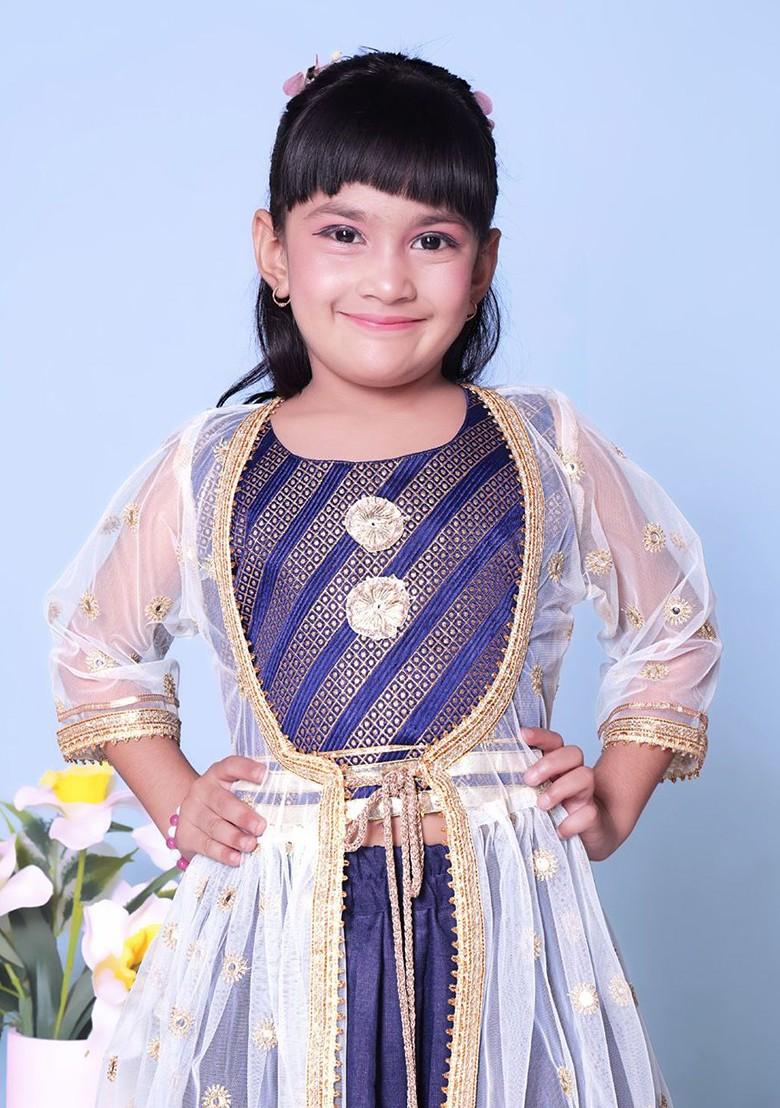 Navy Blue Embroidered Blended Lehenga Choli For Girls - Indya
