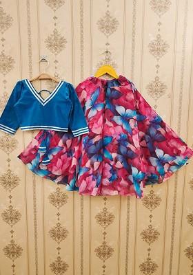 Teal Embroidered Blended Lehenga Choli For Girls