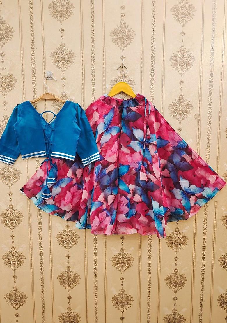 Teal Embroidered Blended Lehenga Choli For Girls - Indya