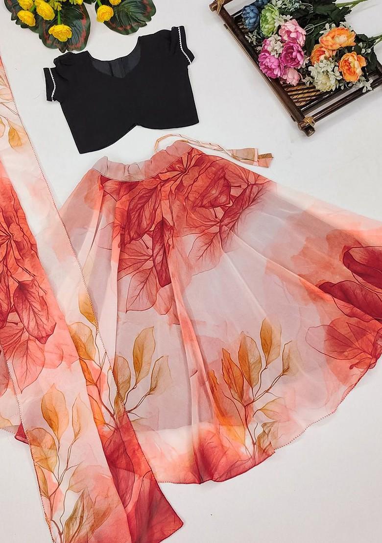 Orange Embellished Blended Lehenga Choli For Girls - Indya