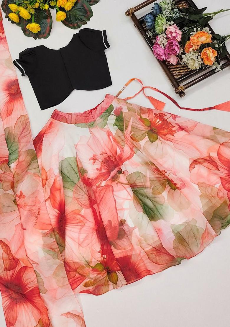 Red Embellished Blended Lehenga Choli For Girls - Indya