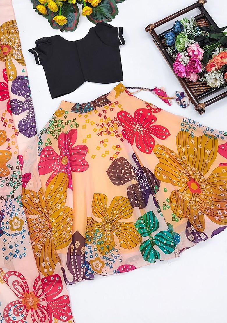 Cream Embellished Blended Lehenga Choli For Girls - Indya