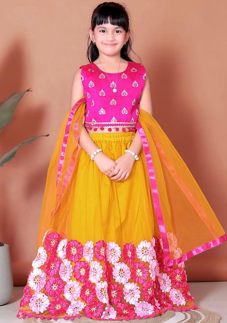 Mustard Printed Blended Lehenga Choli For Girls - Indya