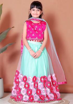 Turquoise Blue Embroidered Blended Lehenga Choli For Girls