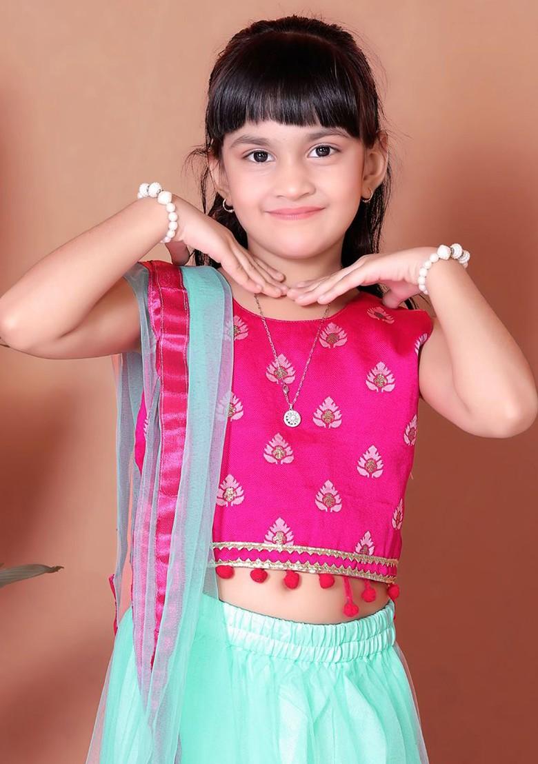 Turquoise Blue Embroidered Blended Lehenga Choli For Girls - Indya