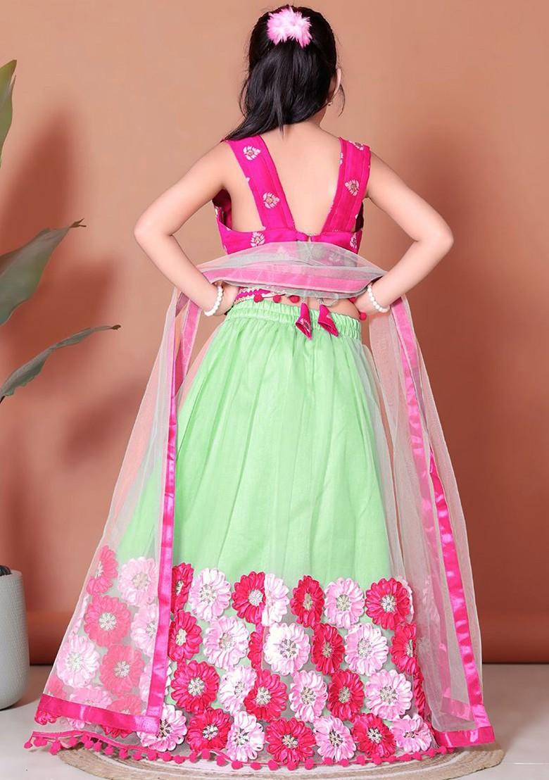 Lime Green Printed Blended Lehenga Choli For Girls - Indya