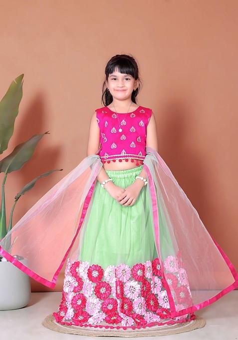 Lime Green Printed Blended Lehenga Choli For Girls — view on Indya