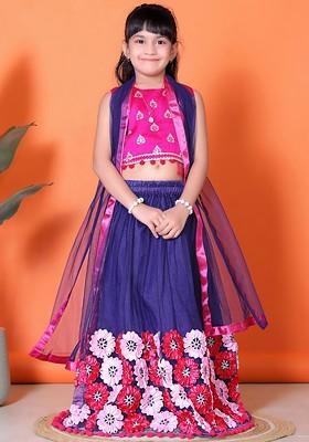 Navy Blue Embroidered Blended Lehenga Choli For Girls
