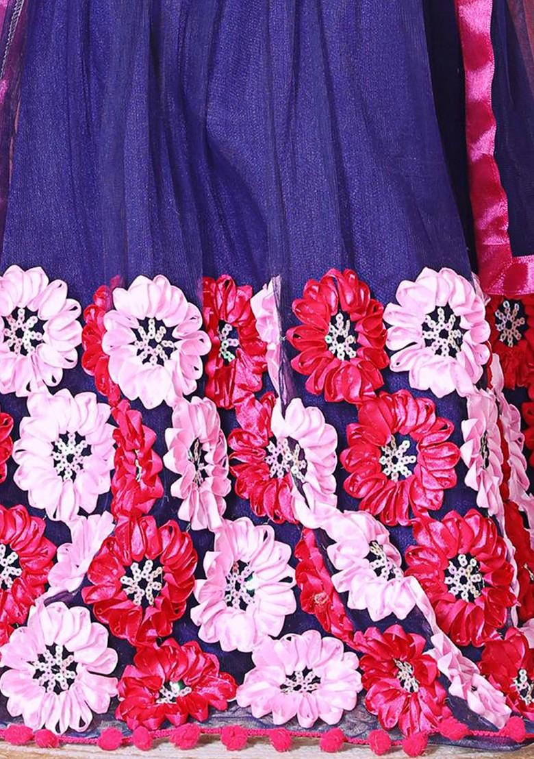 Navy Blue Embroidered Blended Lehenga Choli For Girls - Indya