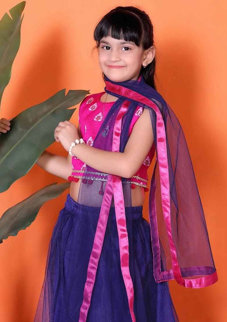 Navy Blue Embroidered Blended Lehenga Choli For Girls - Indya