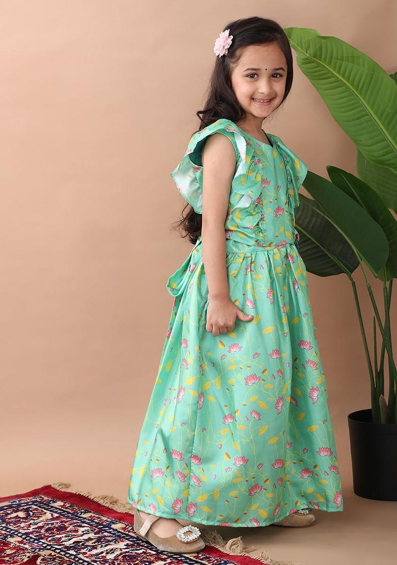 Green Printed Blended Lehenga Choli For Girls - Indya