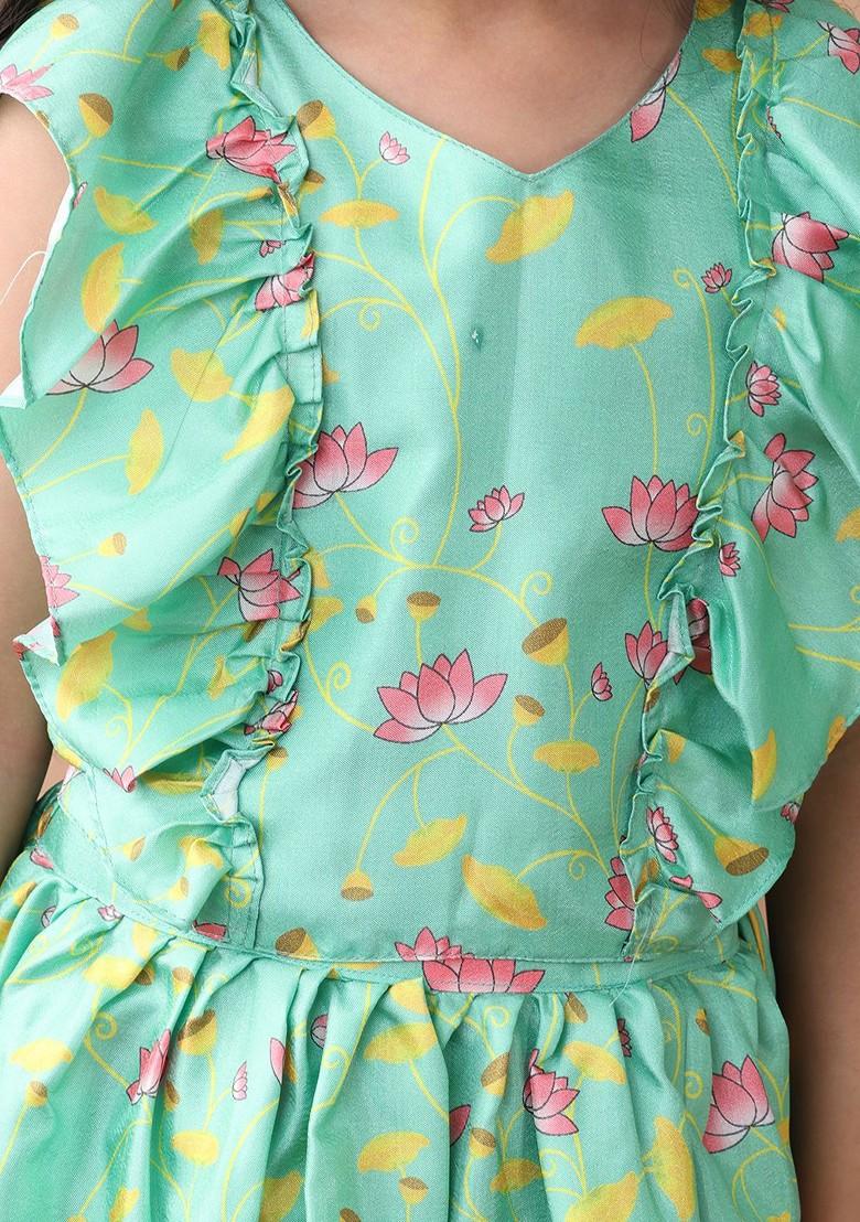 Green Printed Blended Lehenga Choli For Girls - Indya