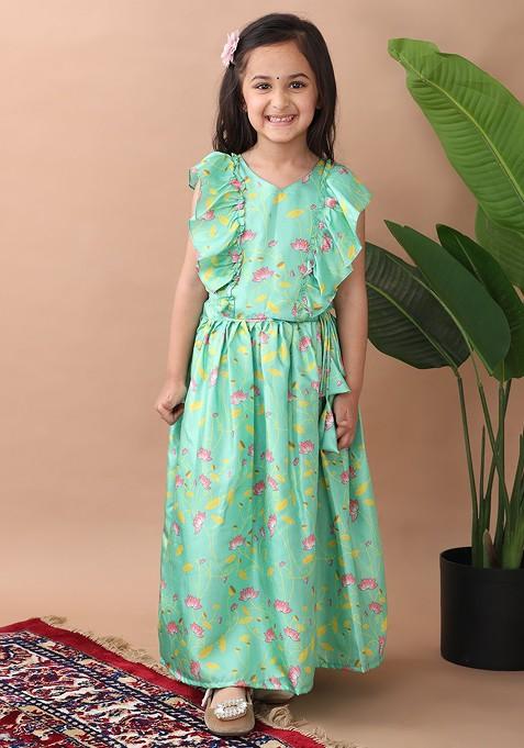 Green Printed Blended Lehenga Choli For Girls — view on Indya