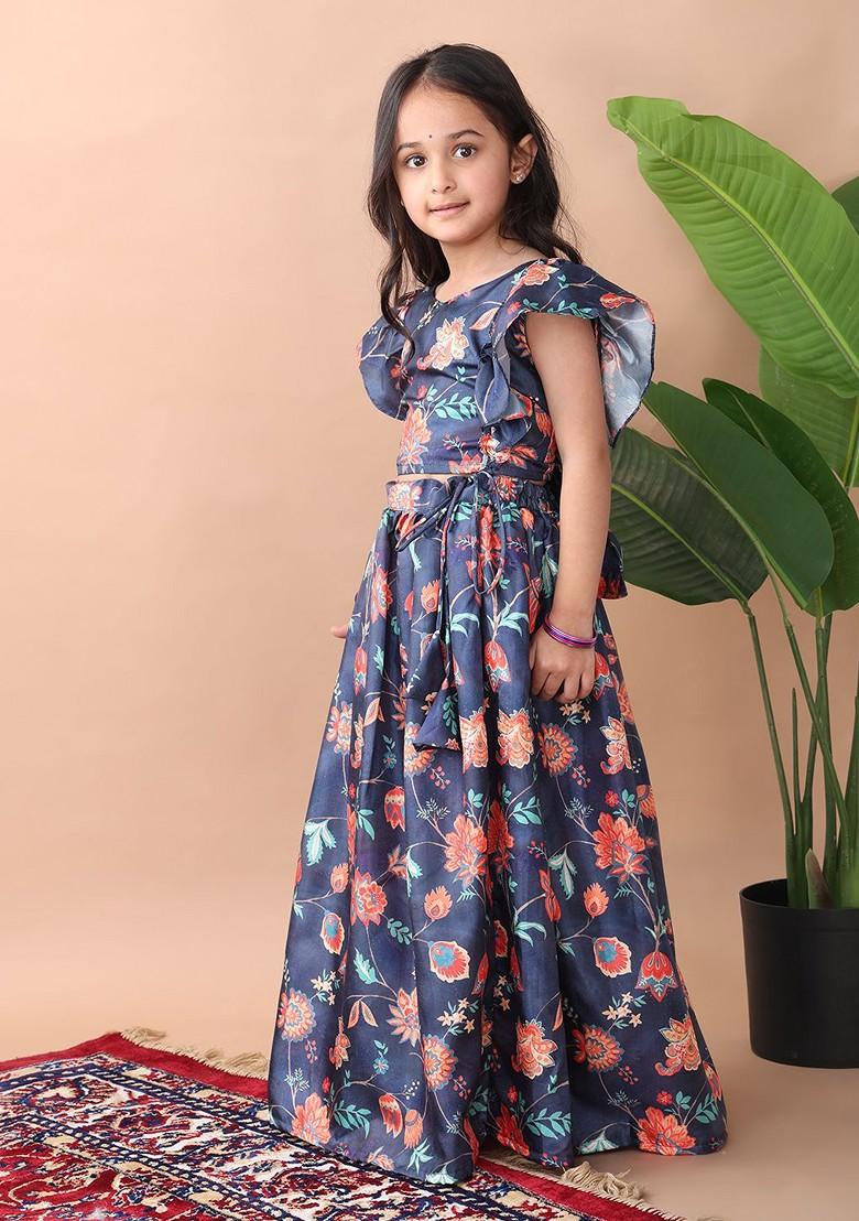 Blue Printed Blended Lehenga Choli For Girls - Indya