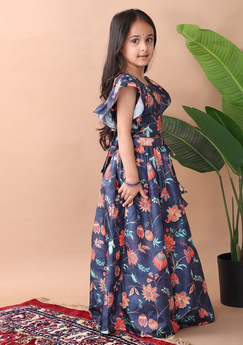Blue Printed Blended Lehenga Choli For Girls - Indya