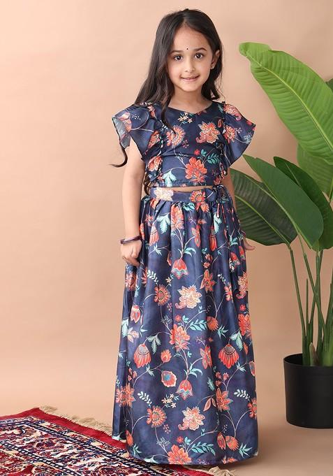 Blue Printed Blended Lehenga Choli For Girls — view on Indya