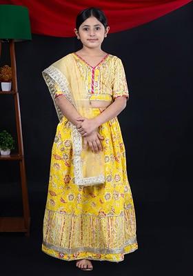 Yellow Embellished Cotton Blend Lehenga Choli For Girls