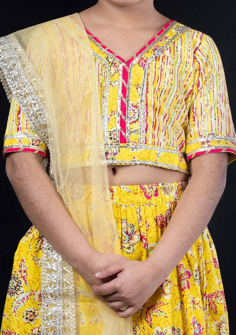 Yellow Embellished Cotton Blend Lehenga Choli For Girls - Indya