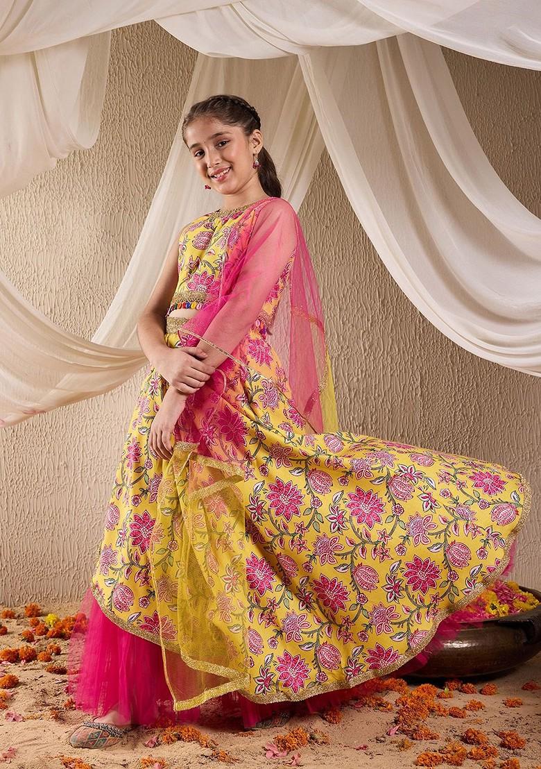 Yellow Printed Cotton Blend Lehenga Choli For Girls - Indya