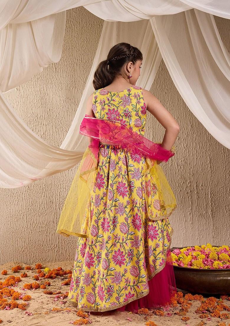 Yellow Printed Cotton Blend Lehenga Choli For Girls - Indya