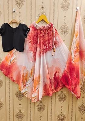 Orange Printed Blended Lehenga Choli For Girls