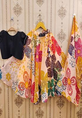 Beige Printed Blended Lehenga Choli For Girls
