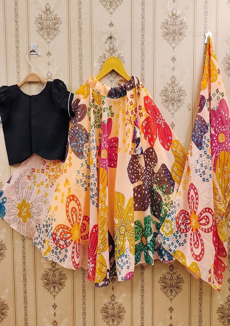 Beige Printed Blended Lehenga Choli For Girls - Indya