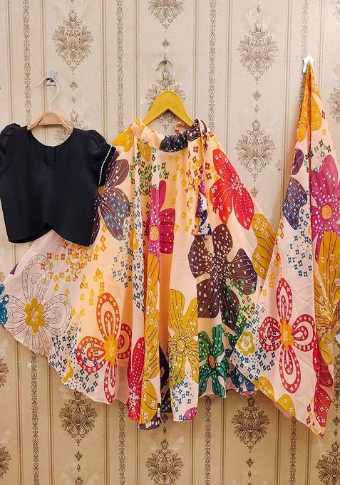 Beige Printed Blended Lehenga Choli For Girls