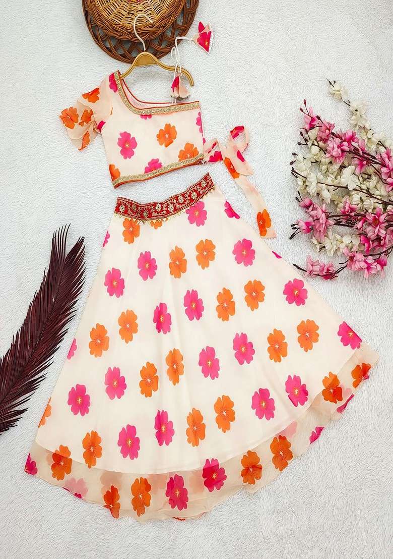 White Printed Georgette Lehenga Choli For Girls - Indya