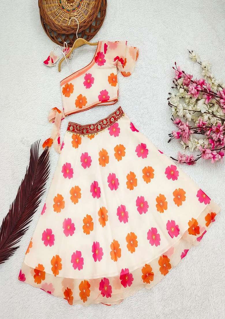 White Printed Georgette Lehenga Choli For Girls - Indya