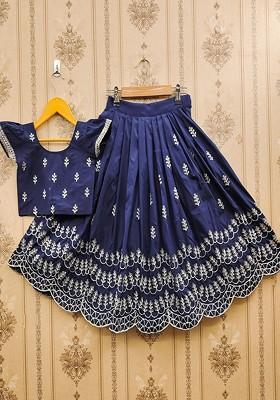 Blue Embroidered Blended Lehenga Choli For Girls