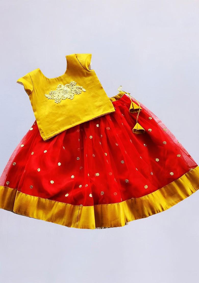 Red Embroidered Blended Lehenga Choli For Girls - Indya