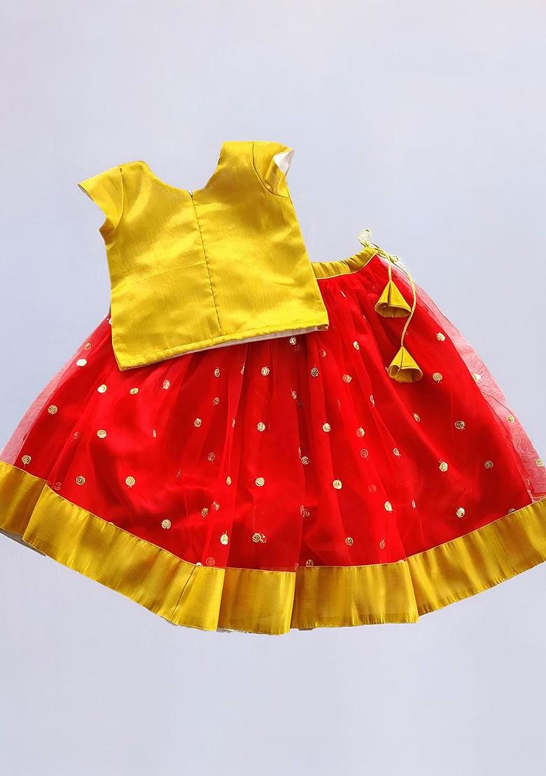 Red Embroidered Blended Lehenga Choli For Girls - Indya