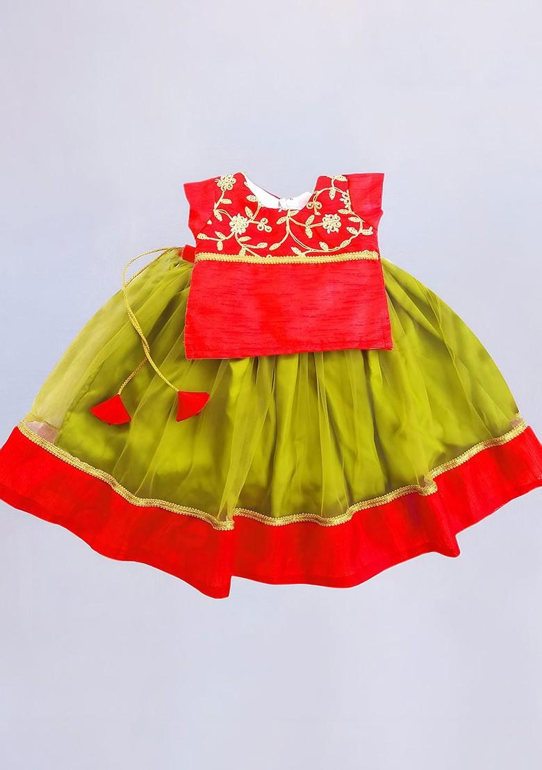 Red Embroidered Blended Lehenga Choli For Girls - Indya
